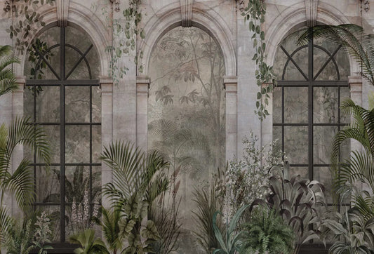 Papel tapiz mural con arcos clásicos de piedra, ventanales de hierro e ilustrada vegetación botánica en verde y gris