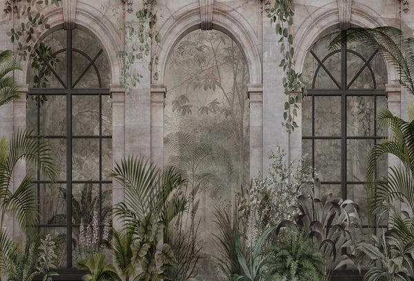 Papel tapiz mural con arcos clásicos de piedra, ventanales de hierro e ilustrada vegetación botánica en verde y gris
