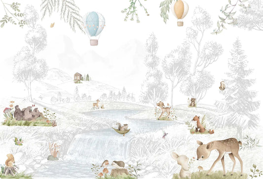 Papel tapiz con ilustración infantil de cascada, animales del bosque en acuarela y globos aerostáticos.