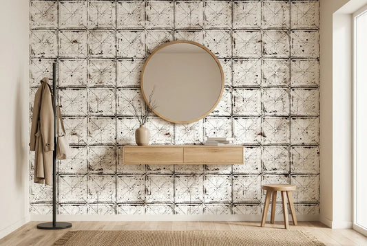 Papel tapiz Casetón Vintage instalado en un recibidor de estilo nórdico