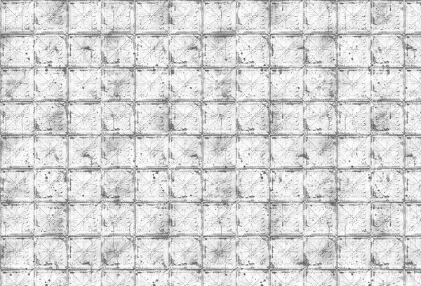 Papel tapiz con patrón de casetones vintage envejecidos en tonos blanco y gris de estilo industrial.