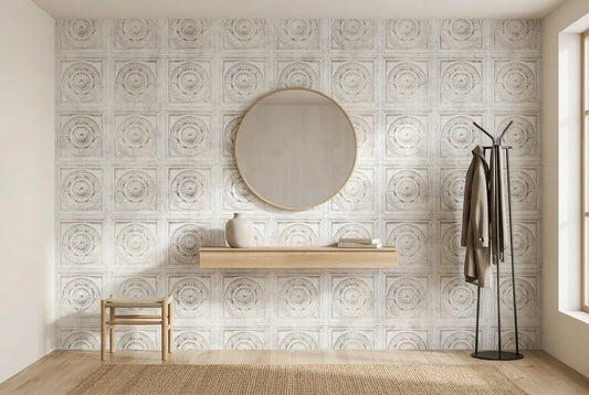 Papel tapiz Casetonado Clásico instalado en un recibidor de estilo nórdico