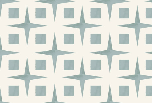 Papel tapiz con diseño geométrico de celosía retro con estrellas en blanco marfil y verde salvia suave.