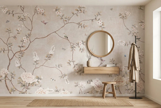 Papel tapiz Cerezo Beige instalado en un recibidor de estilo nórdico