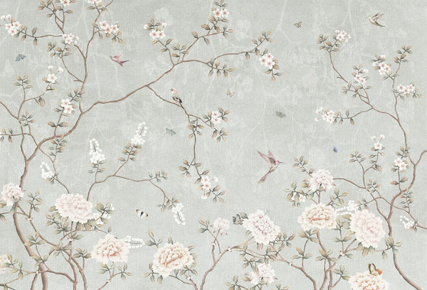 Papel tapiz mural con ramas de cerezo, peonías rosadas y aves en estilo chinoiserie
