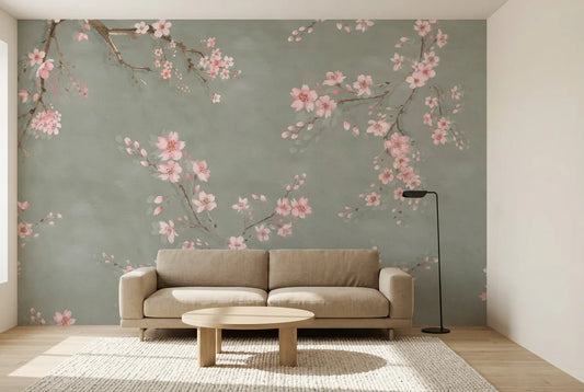 Papel tapiz Cerezo Verde instalado en una sala de estar minimalista