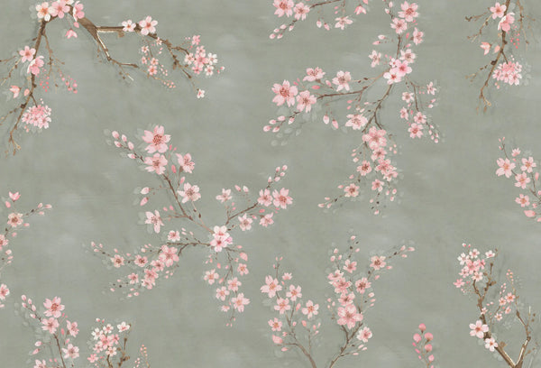 Papel tapiz de ramas de cerezo japonés en flor rosa pastel sobre un fondo verde salvia texturizado.