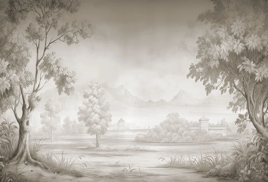 Papel tapiz mural con paisaje clásico en grabado monocromático de árboles, lago y montañas en tonos beige y gris