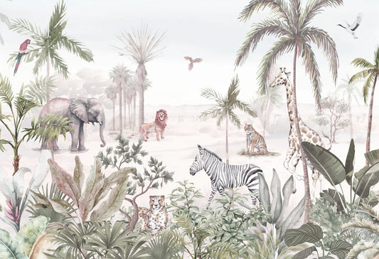 Papel tapiz infantil de estilo safari en acuarela con jirafa, elefante y león en tonos verdes y beige suaves.