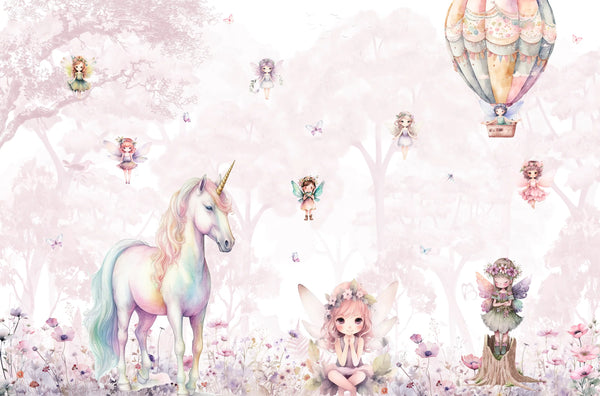 Papel tapiz infantil con unicornio mágico, pequeñas hadas y globo aerostático en tonos rosa pastel.