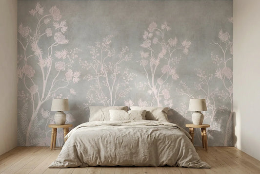 Papel tapiz Chinoiserie Green instalado en un dormitorio sereno