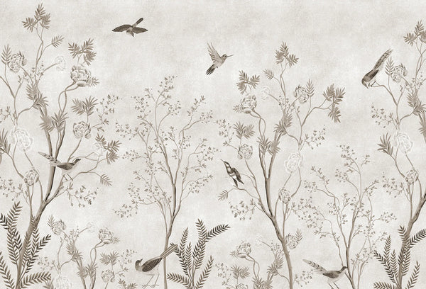 Papel tapiz mural estilo chinoiserie con ramas, flores y aves en tonos sepia y fondo claro