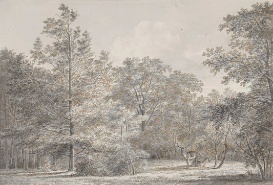 Papel tapiz mural con grabado vintage de ciervos en un bosque en tonos gris y sepia.
