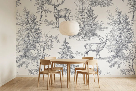 Papel tapiz Ciervos Toile instalado en un comedor luminoso