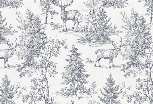 Papel tapiz estilo Toile de Jouy con ciervos y pinos en trazo gris pizarra sobre fondo blanco