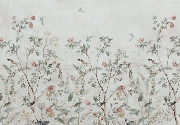 Papel tapiz mural estilo chinoiserie con ramas, rosas rosadas, follaje verde suave y aves en vuelo
