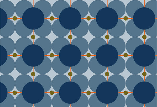 Papel tapiz geométrico estilo retro con círculos en tonos azul marino y celeste con detalles naranja.