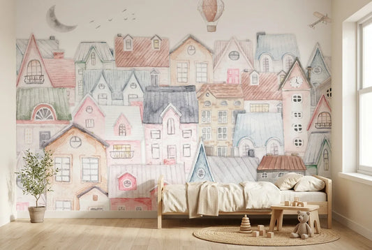 Papel tapiz Ciudad Ensueño instalado en una habitación infantil