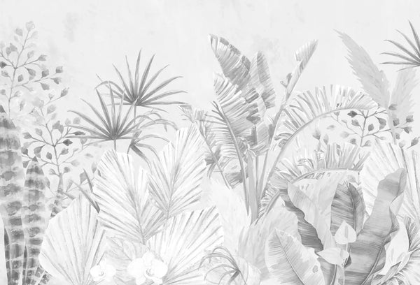 Papel tapiz mural botánico en tonos grises claros y blancos con hojas de palmera y follaje tropical delicado.