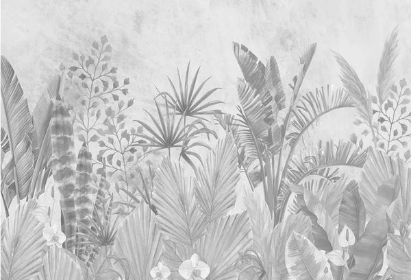 Papel tapiz mural con follaje tropical de palmeras y orquídeas en tonos grises y fondo blanco texturado.