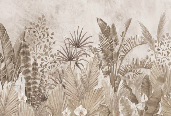 Papel tapiz mural con hojas tropicales, palmeras y orquídeas en tonos beige y arena