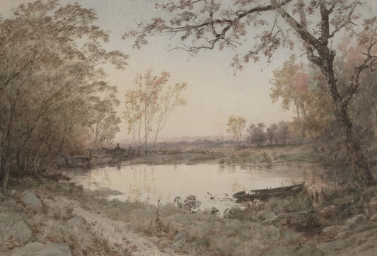 Papel tapiz con paisaje clásico al óleo de lago sereno, balsa y árboles en tonos beige y sepia