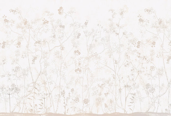 Papel tapiz con delicadas ramas y flores silvestres en tonos beige y nude sobre fondo claro