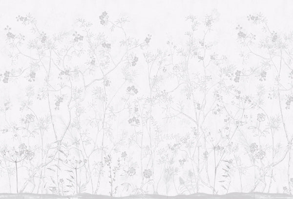 Papel tapiz mural con ilustración botánica de flores y ramas silvestres en tonos grises sobre fondo claro.