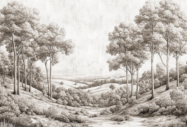 Papel tapiz mural con ilustración de un paisaje de colinas y árboles altos en tono sepia y estilo grabado vintage.