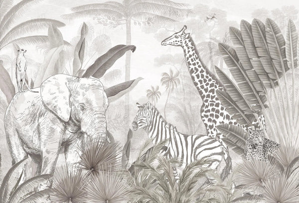 Papel tapiz estilo safari con elefante, jirafa y cebra en grabado monocromático gris claro