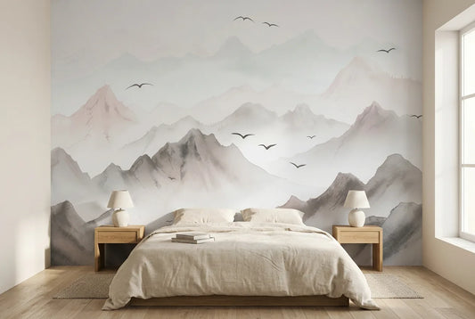 Papel tapiz Cordillera Andina instalado en un dormitorio sereno