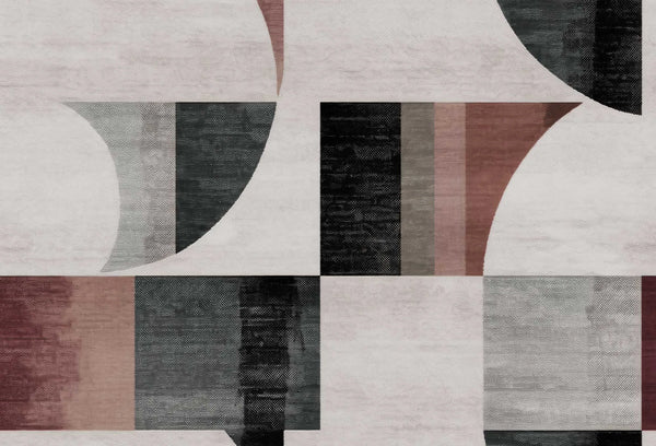 Papel tapiz con diseño geométrico abstracto de arcos y bloques en tonos gris, grafito y terracota suave.