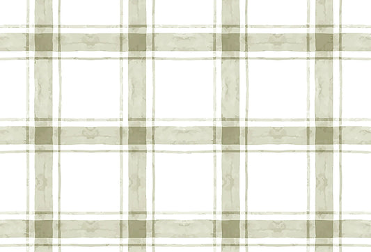 Papel tapiz con diseno de cuadricula tartan en tonos verde salvia y blanco con efecto acuarela