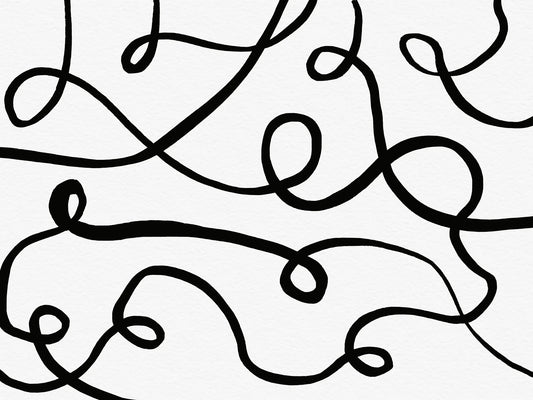 Papel tapiz con diseño abstracto de trazos y curvas continuas en color negro sobre fondo blanco.