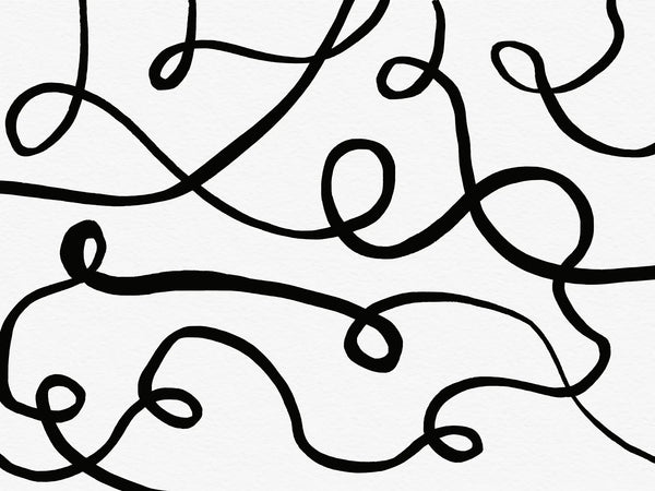 Papel tapiz con diseño abstracto de trazos y curvas continuas en color negro sobre fondo blanco.