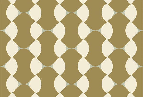 Papel tapiz con patrón geométrico curvo estilo retro en tonos ocre, crema y beige para pared.