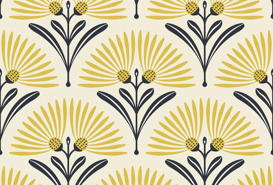 Papel tapiz con patrón botánico retro de flores en tono mostaza y tallos grafito sobre fondo crema