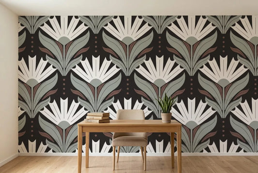 Papel tapiz Dalia Noir instalado en un espacio de trabajo en casa