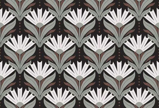 Papel tapiz de patrón floral estilizado estilo art déco en tonos verde salvia, blanco y fondo negro.