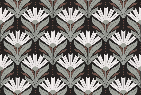 Papel tapiz de patrón floral estilizado estilo art déco en tonos verde salvia, blanco y fondo negro.