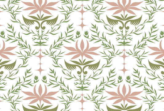 Papel tapiz con patrón floral tipo damasco en verde salvia y rosa empolvado sobre fondo blanco.