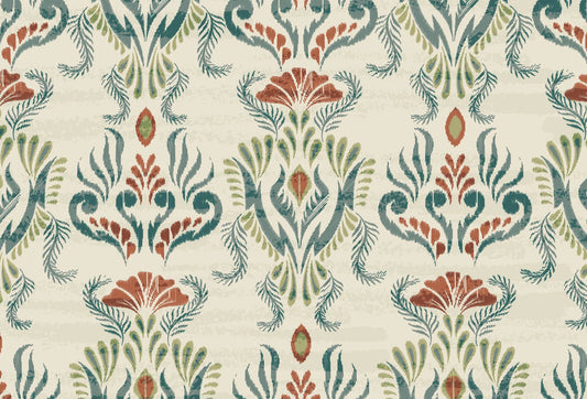Papel tapiz con patrón damasco estilo ikat en tonos petróleo, terracota y fondo crema