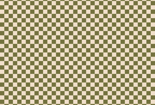 Papel tapiz con patrón geométrico estilo damero en tono verde oliva y crema cálido