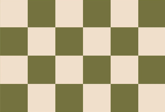 Papel tapiz con diseño de cuadrícula estilo damero en cuadros verde oliva y beige cálido.