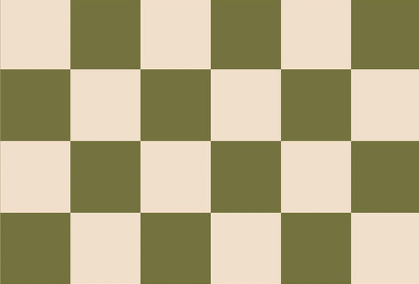 Papel tapiz con diseño de cuadrícula estilo damero en cuadros verde oliva y beige cálido.