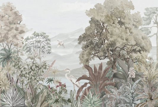 Papel tapiz mural con paisaje botánico de garzas, árboles y montañas en tonos verdes y beige