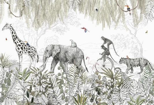 Papel tapiz infantil con mural de animales safari estilo grabado y follaje botánico verde