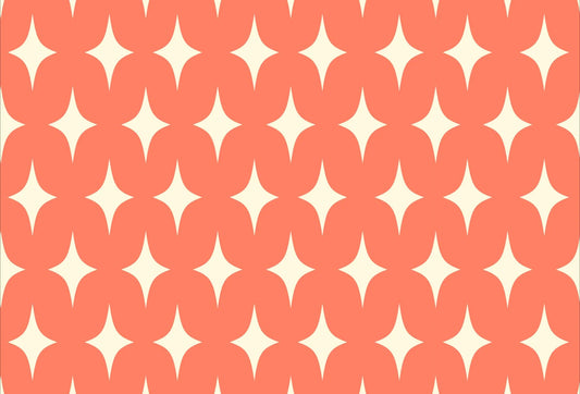 Papel tapiz con patrón geométrico retro de estrellas y ondas en tono coral y crema claro.