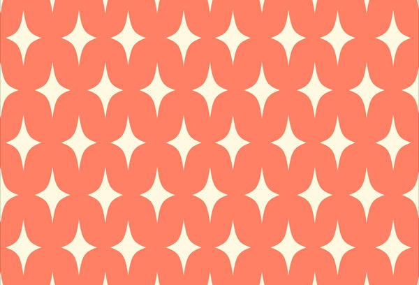 Papel tapiz con patrón geométrico retro de estrellas y ondas en tono coral y crema claro.