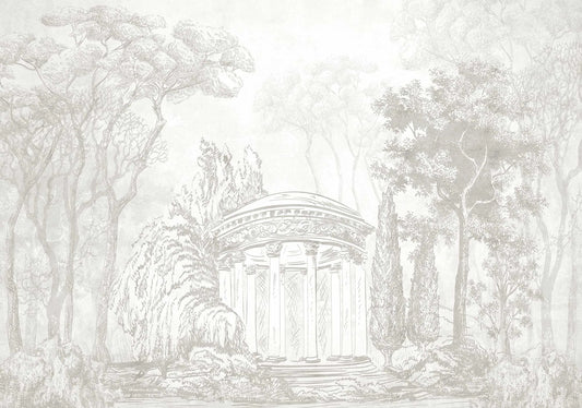 Papel tapiz con dibujo clásico de glorieta y árboles en tonos gris claro y marfil.